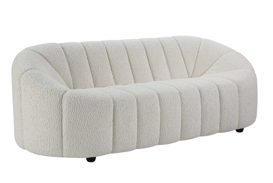 White teddy sherpa sofa featuring a modern design with plush upholstery and curved silhouette.