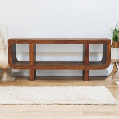 Orion Chestnut Mango Wood Media Unit – 47.2" Curved TV Stand with 3 Open Shelves