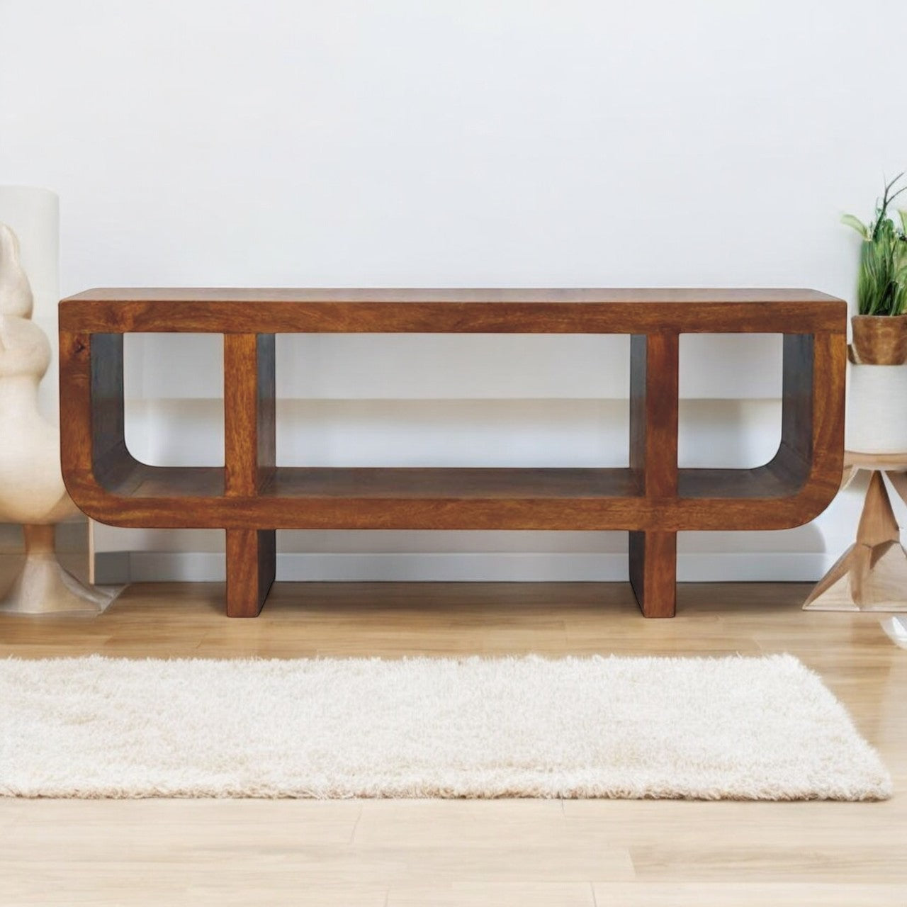 Orion Chestnut Mango Wood Media Unit – 47.2" Curved TV Stand with 3 Open Shelves