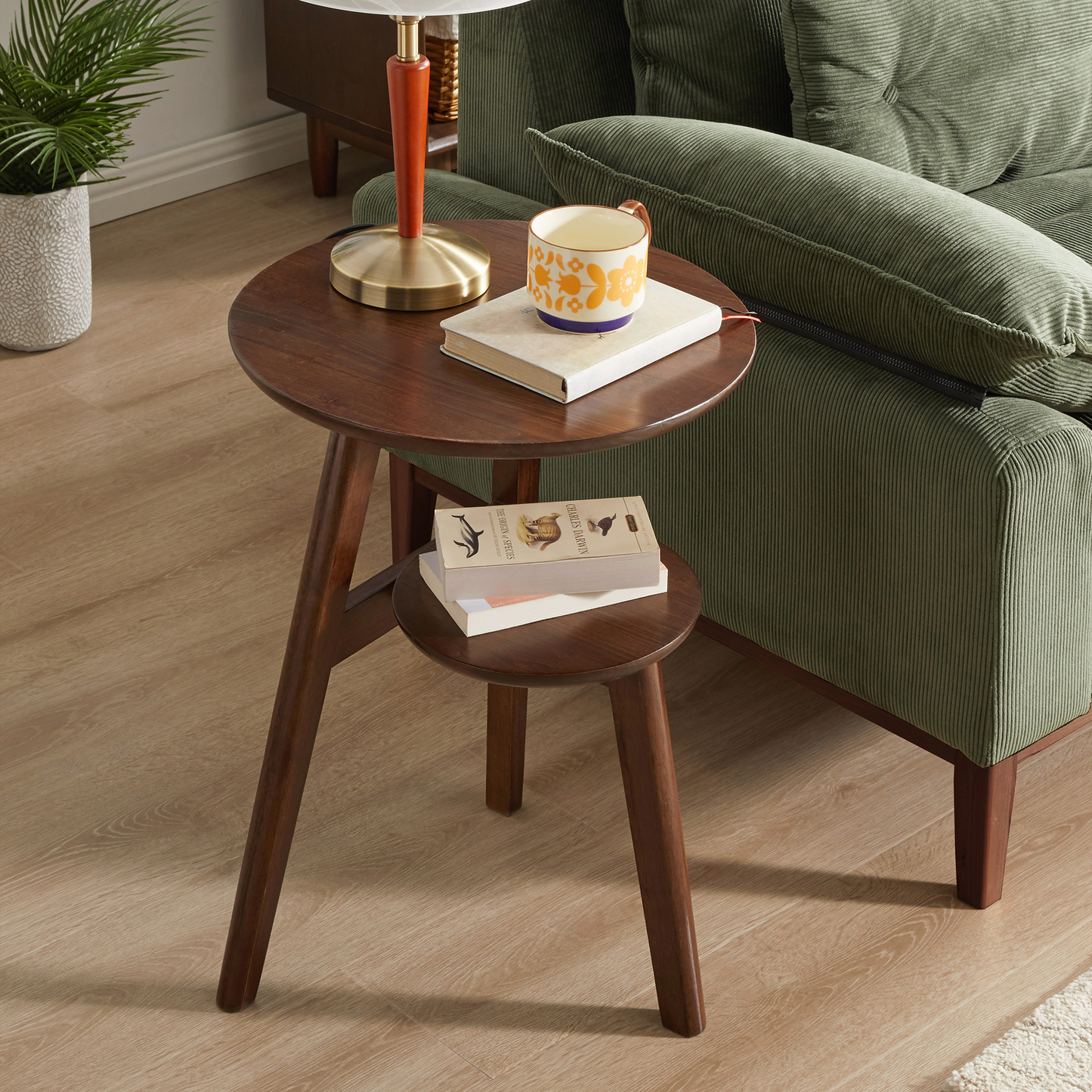 Percy Walnut Solid Wood End Table – 16.5" 2-Tier Round Side Table