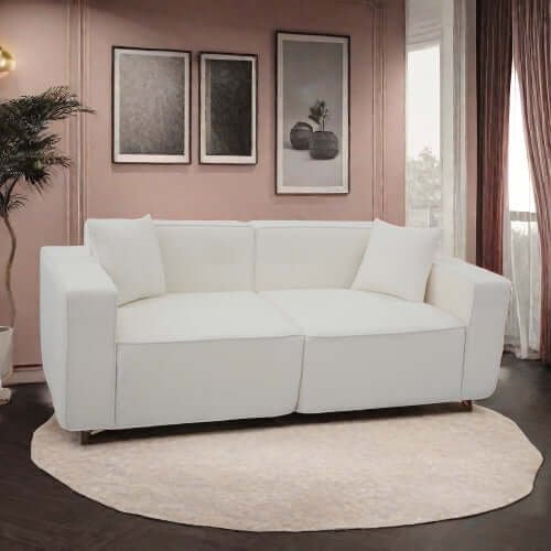 Modern low profile box arm memory foam sofa in white color, offering stylish comfort for any living room.
