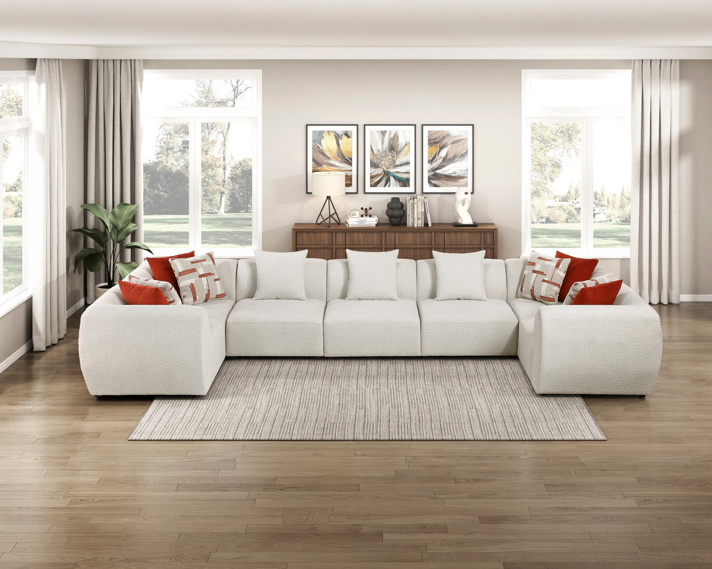 Fenmore Beige Chenille U-Shape Modular Sectional – 196.5" 7-Piece Sofa with 11 Pillows