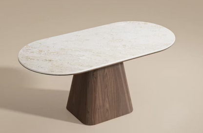 Tarian White Sintered Stone Dining Table – 63" Oval Walnut-Base Table