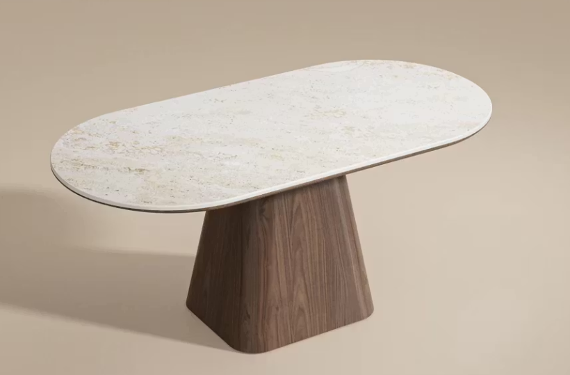 Tarian White Sintered Stone Dining Table – 63" Oval Walnut-Base Table