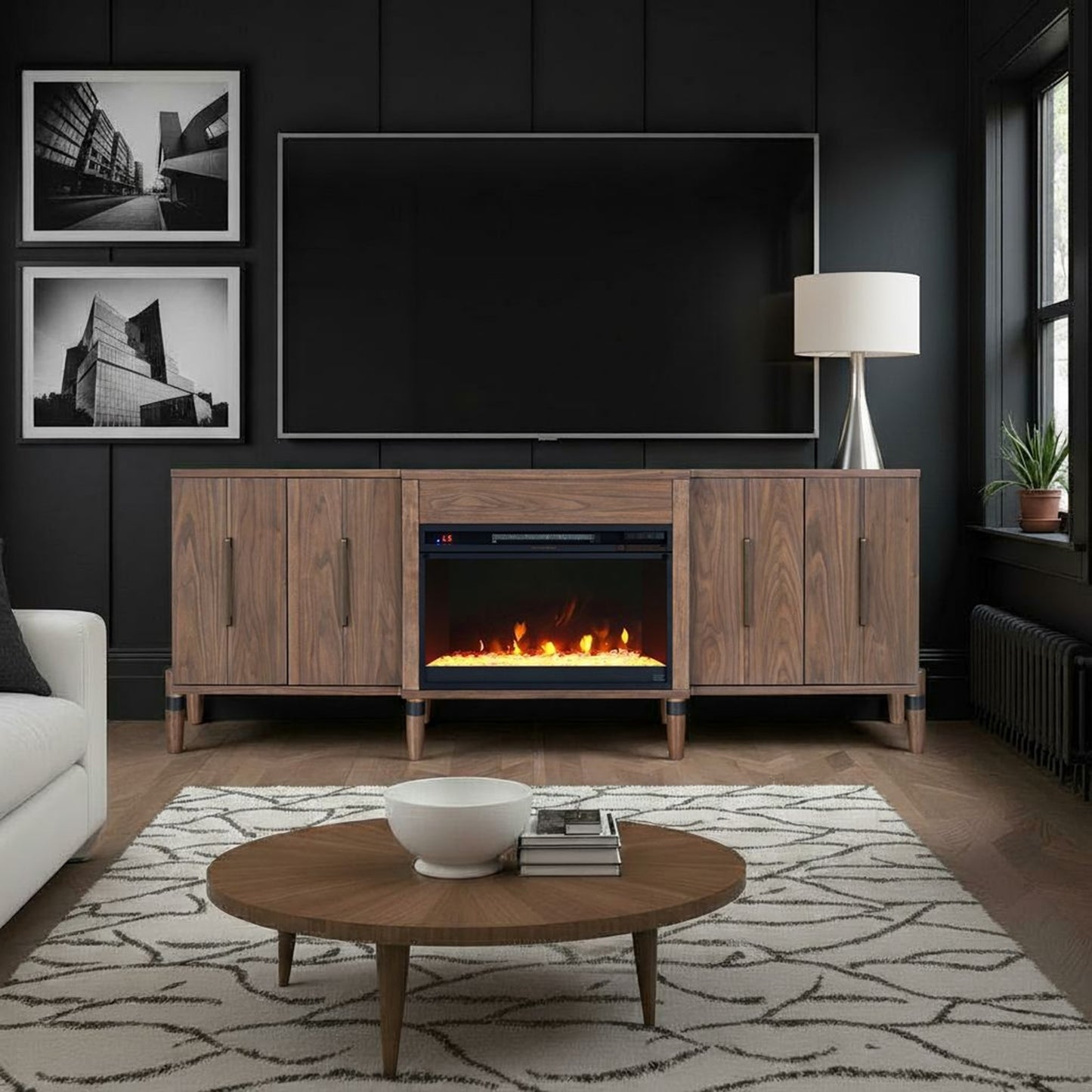 Tranquility Brown Wood Fireplace TV Stand – 78" Electric Fireplace Media Console for TVs up to 90"