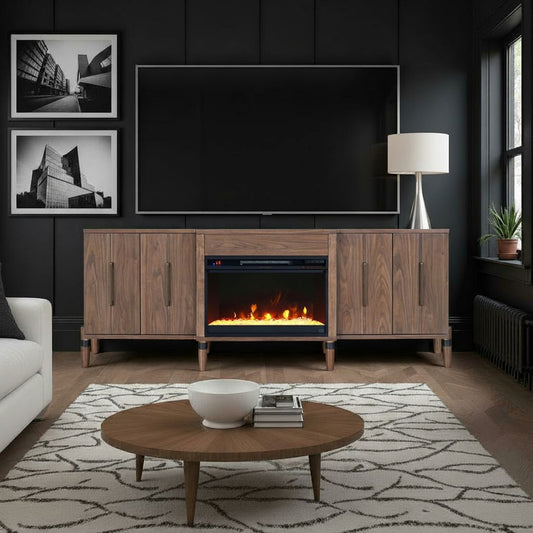 Tranquility Brown Wood Fireplace TV Stand – 78" Electric Fireplace Media Console for TVs up to 90"
