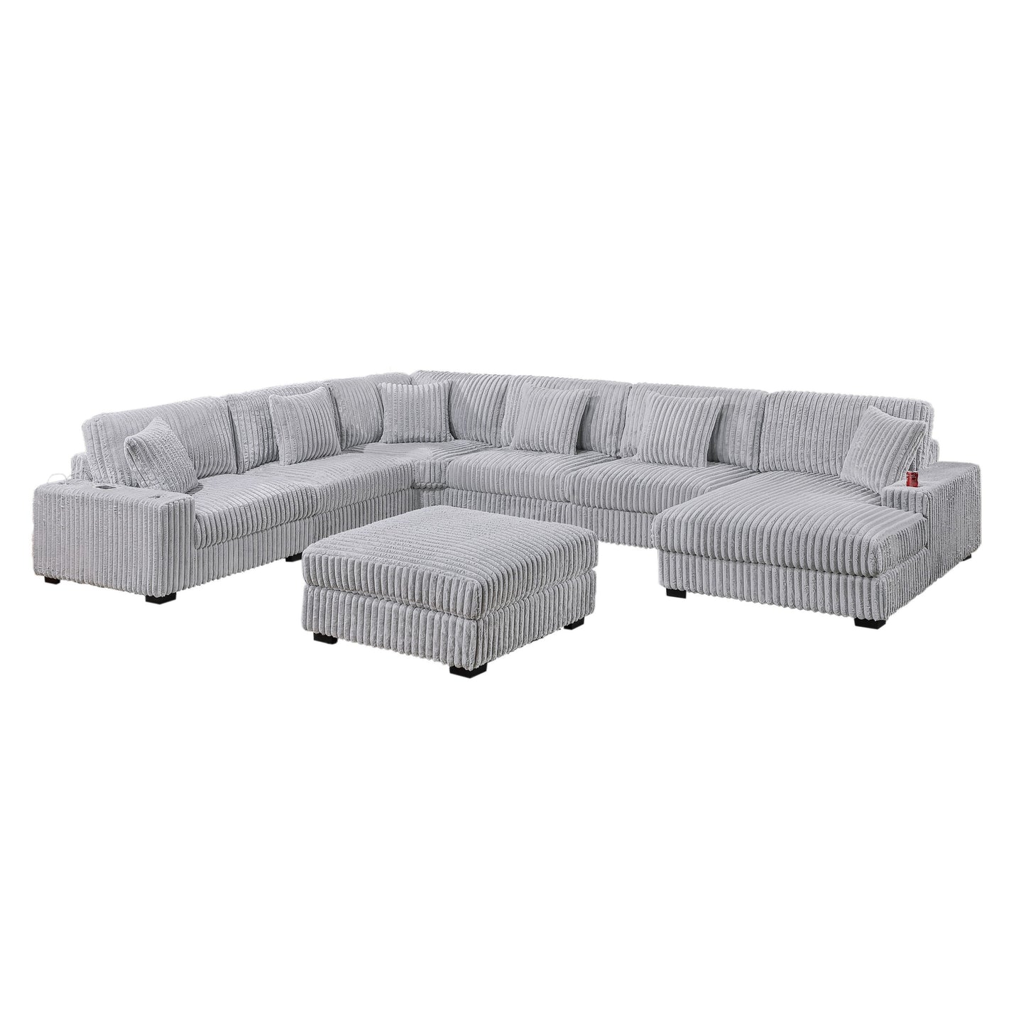 Ravenna Corduroy Modular U-Sectional Sofa – 7-Piece Set with USB & Cup Holder