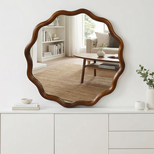 Black Walnut 30 Inch Wavy Round Solid Wood Frame Decorative Mirror