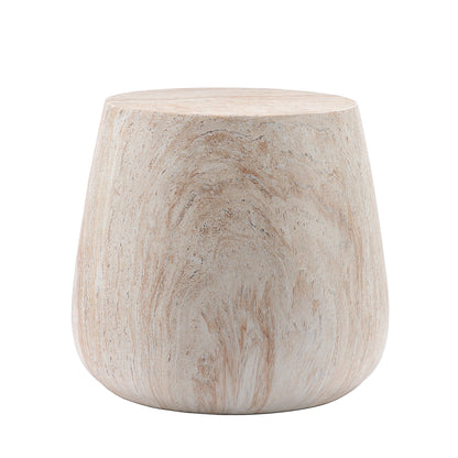 Drum Shaped Accent Coffee Table in Beige & Yellow with Faux Travertine Finish, Magnesium Oxide Construction