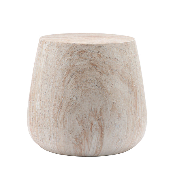Drum Shaped Accent Coffee Table in Beige & Yellow with Faux Travertine Finish, Magnesium Oxide Construction
