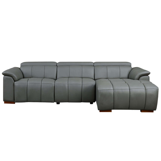 Modern Leather Chaise Sectional Sofa 113" – Adjustable Reclining Leather Sofa with USB (2 Colors) in gray leather.