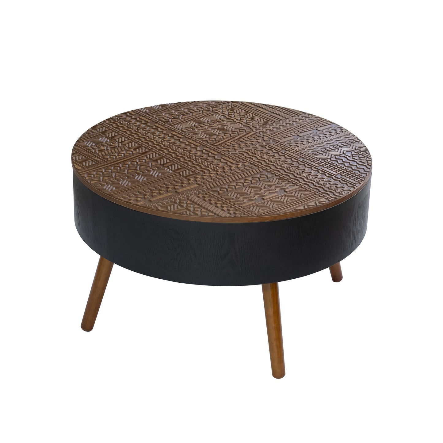 Marchmont Black Engraved Round Coffee Table – 31.5" Farmhouse Wood-Leg Accent Table