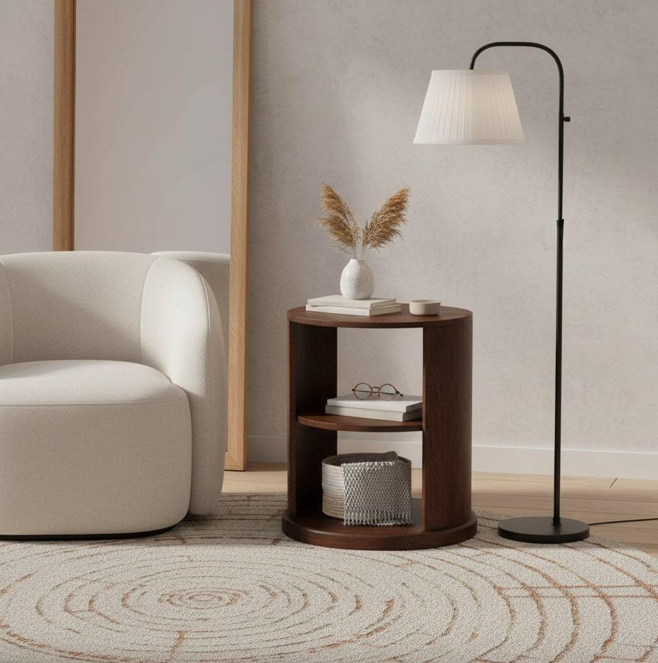 Ventura Solid Mango Wood Side Table – 17.7" Round California Walnut End Table With Shelf