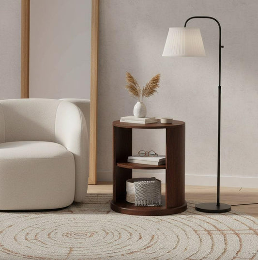 Ventura Solid Mango Wood Side Table – 17.7" Round California Walnut End Table With Shelf