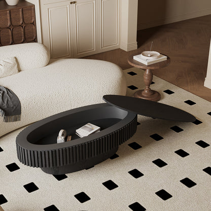 Tilda Black Oval Coffee Table – 47.2" Fluted Mushroom-Shape Table With Interior Storage