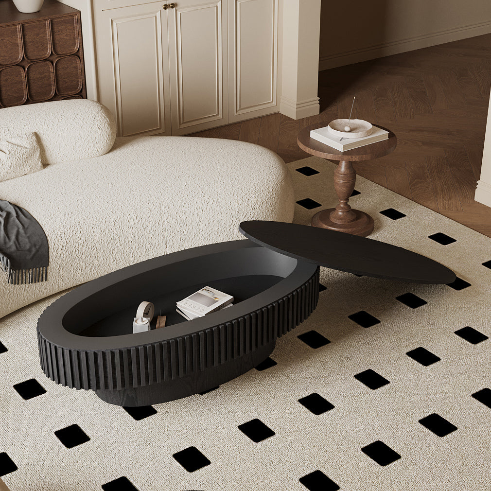 Tilda Black Oval Coffee Table – 47.2" Fluted Mushroom-Shape Table With Interior Storage