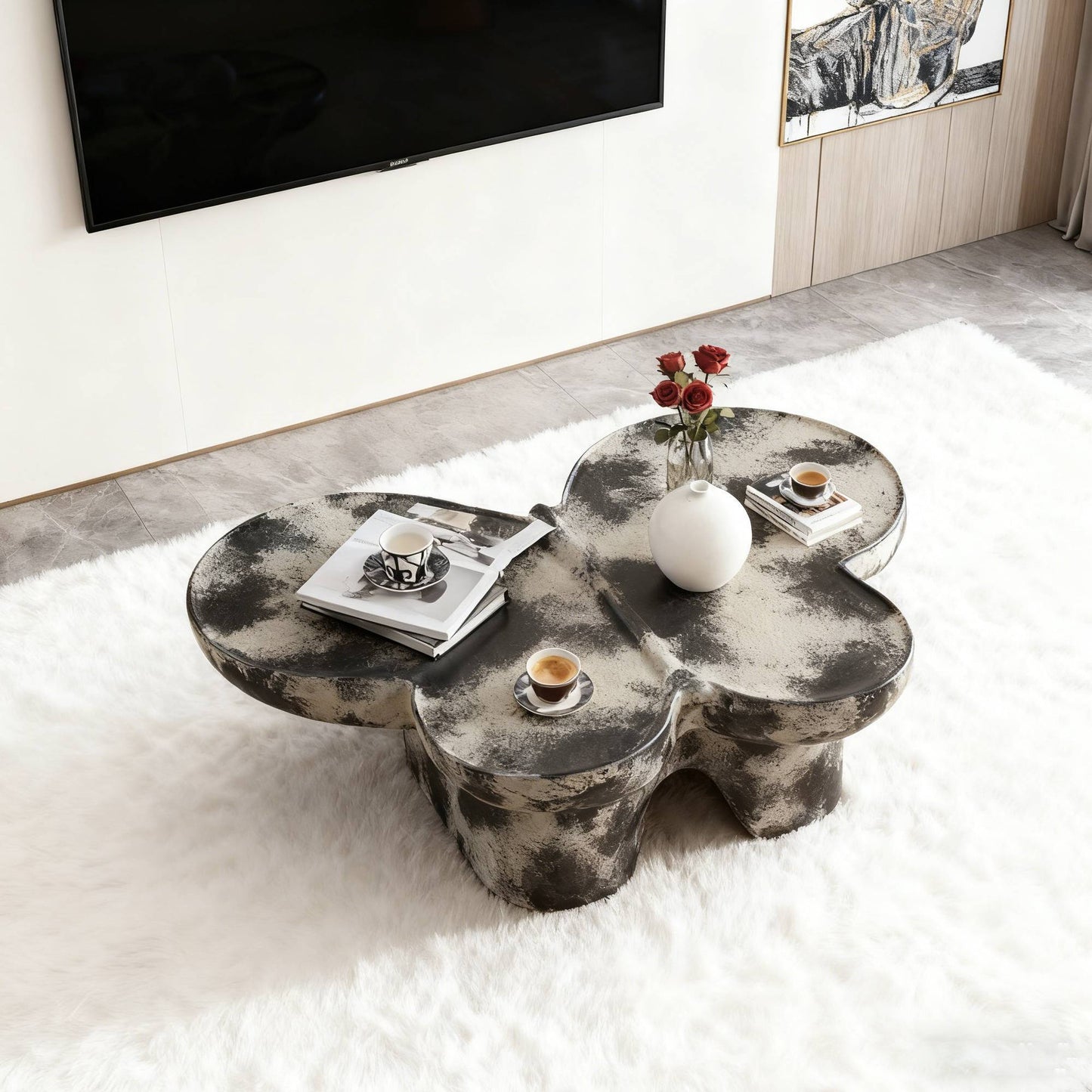 Padgett Black & Beige Fiberglass Coffee Table – 47" Butterfly Sculpted Table