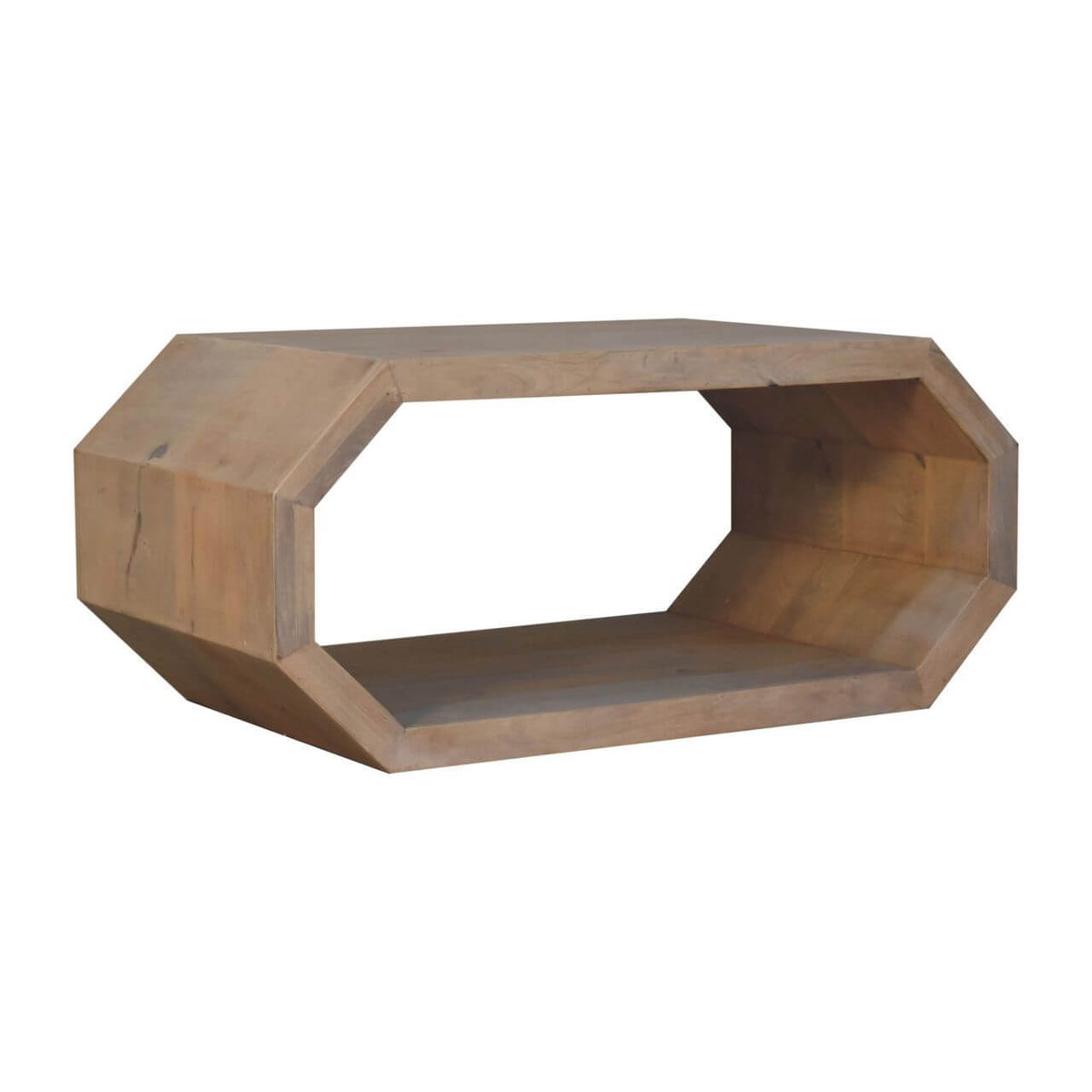 Solid wood hexagonal coffee table with open-frame design, showcasing a unique geometric shape and natural finish.