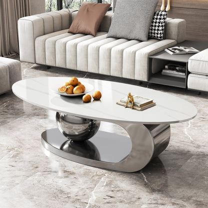 49.2 Inches Oval Faux Marble Coffee Table with Stainless Steel Base