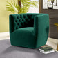Delaney Tufted Swivel Barrel Chair – Modern Accent Chair (Multiple Colors & Fabrics) in green velvet upholstery.