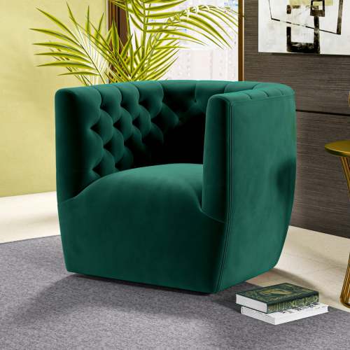 Delaney Tufted Swivel Barrel Chair – Modern Accent Chair (Multiple Colors & Fabrics) in green velvet upholstery.