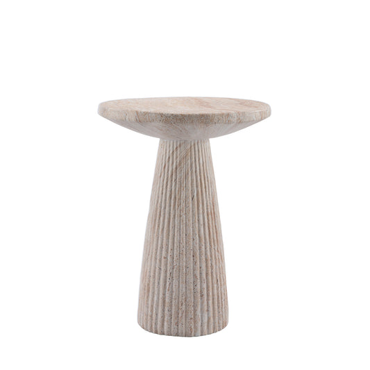 Fluted Pedestal Round Coffee Table in Beige & Yellow with Faux Travertine Finish