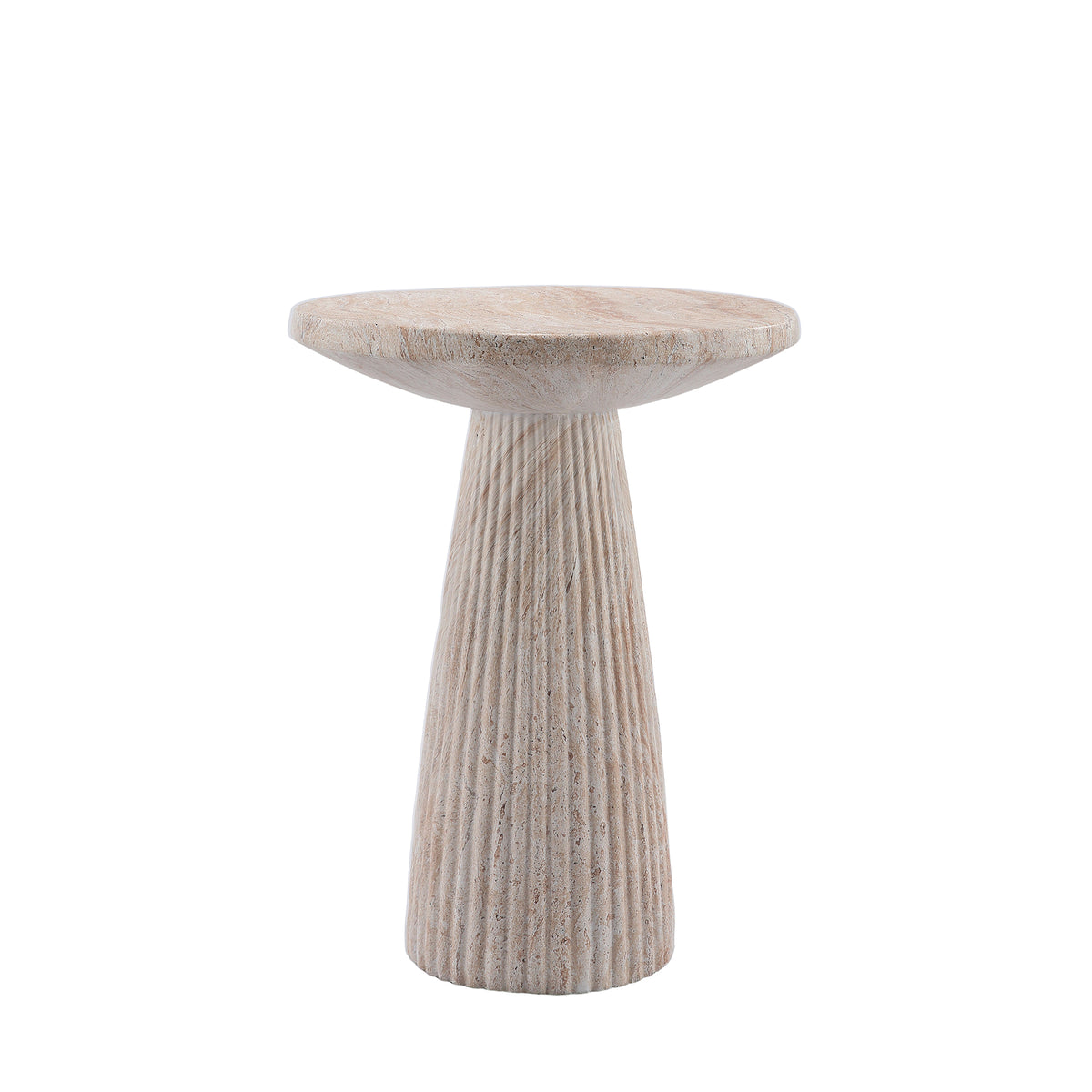 Fluted Pedestal Round Coffee Table in Beige & Yellow with Faux Travertine Finish, Magnesium Oxide Construction