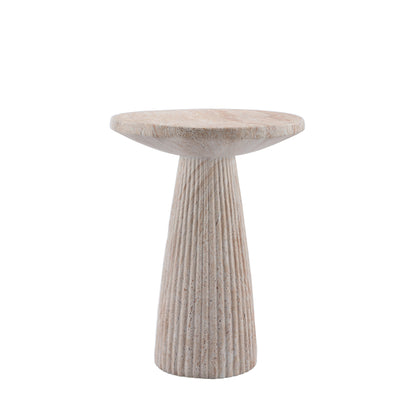 Fluted Pedestal Round Coffee Table in Beige & Yellow with Faux Travertine Finish, Magnesium Oxide Construction
