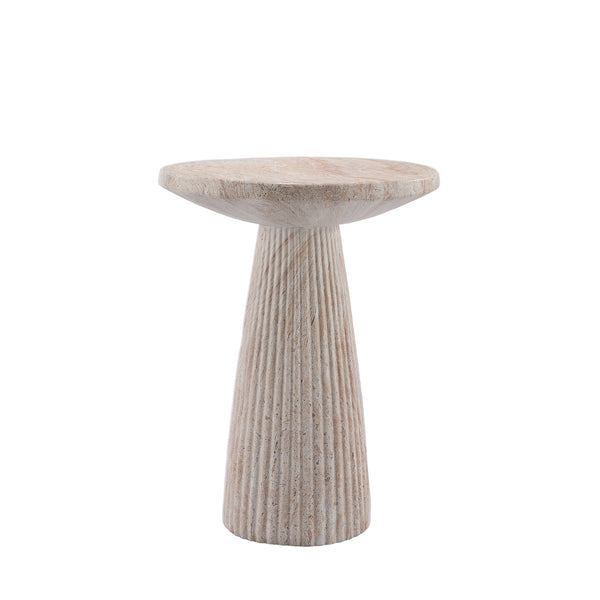 Fluted Pedestal Round Coffee Table in Beige & Yellow with Faux Travertine Finish, Magnesium Oxide Construction