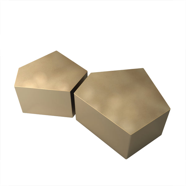 Irregular Pentagon Nesting Coffee Table Set, Geometric Side Table Set in Antique Gold, MDF Construction, Set of 2 Pieces