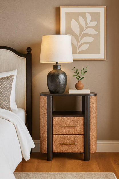 Wallis Rattan & Mango Wood Nightstand – 19.7" Curved Edge 2-Drawer Bedside Table with Shelf