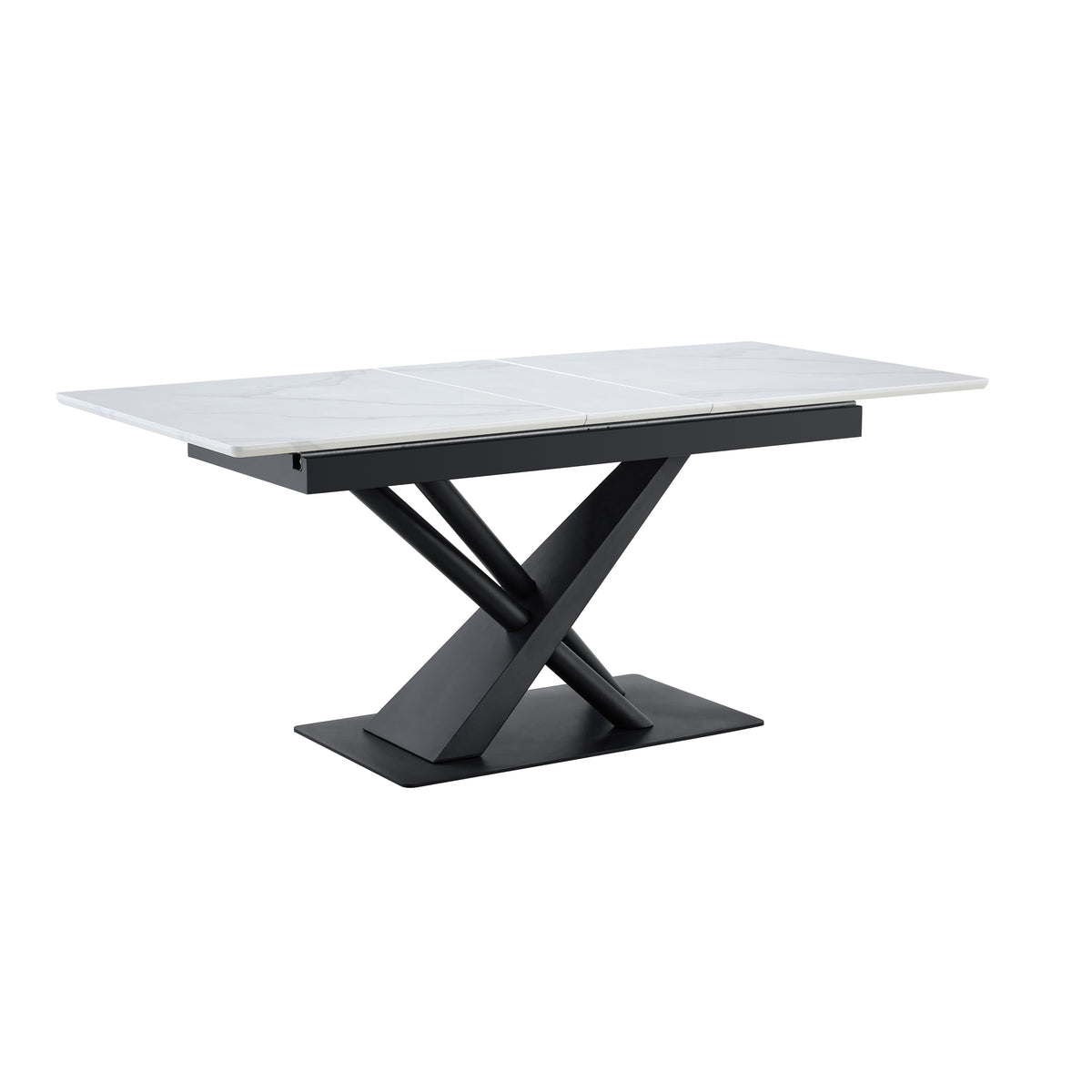 Modern Dining Table with White Marble MDF Veneer Paper Tabletop and Geometric X-Frame Metal Spray-Painted Legs