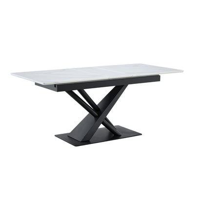 Modern Dining Table with White Marble MDF Veneer Paper Tabletop and Geometric X-Frame Metal Spray-Painted Legs