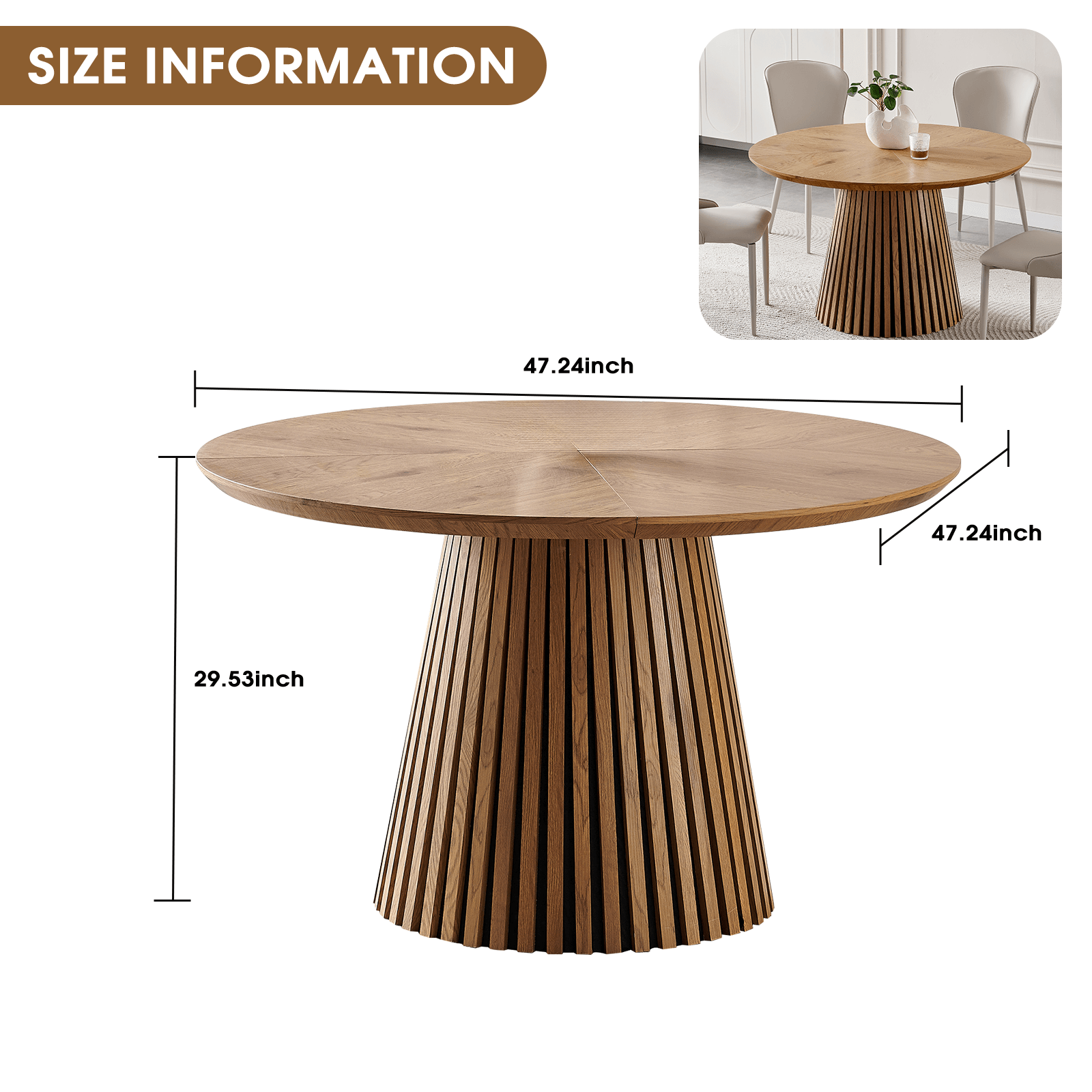 47-Inch Modern Round Dining Table for 4 with slatted base and natural wood finish, size 47.24 inch, perfect for dining.
