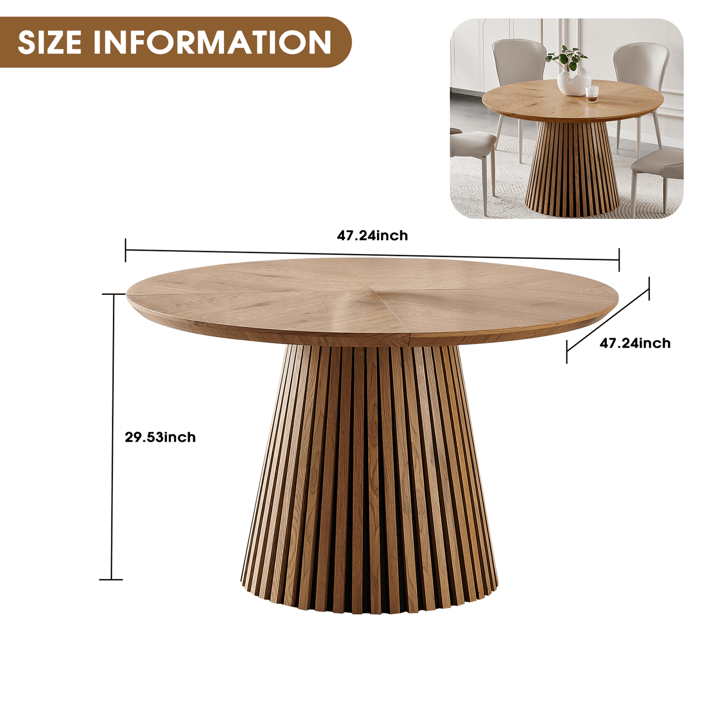 47-Inch Modern Round Dining Table for 4 with slatted base and natural wood finish, size 47.24 inch, perfect for dining.