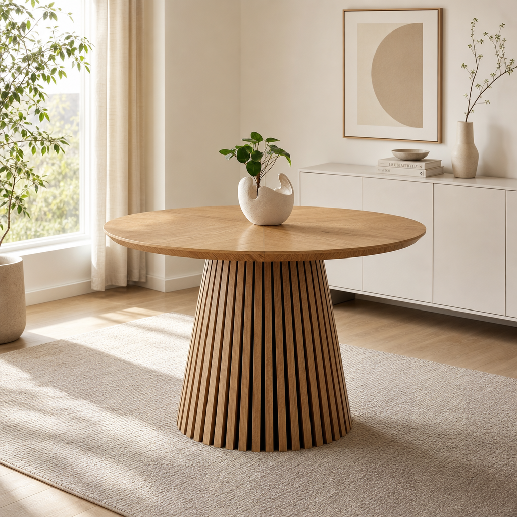 47-Inch Modern Round Dining Table for 4 with natural wood finish and slatted base in a bright dining room.