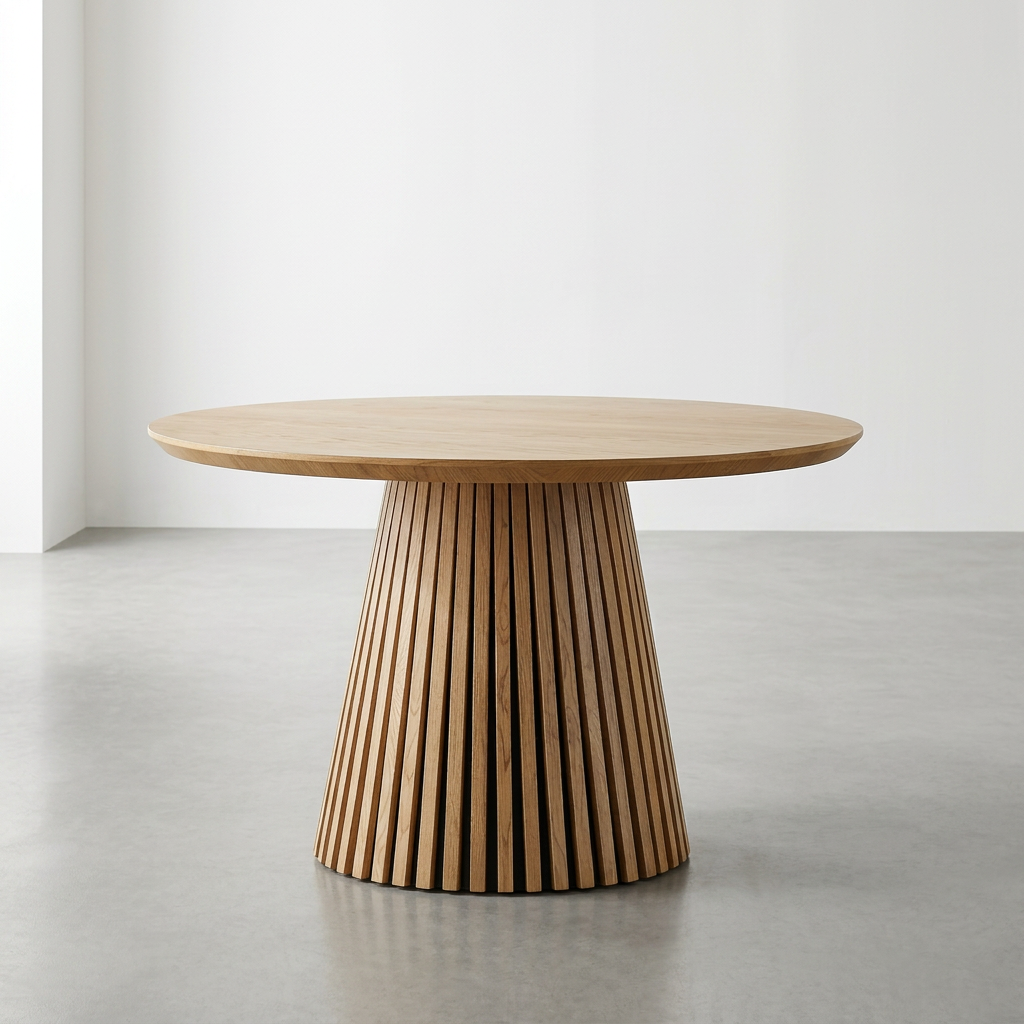 47-Inch Modern Round Dining Table for 4 with natural wood finish and elegant slatted base.