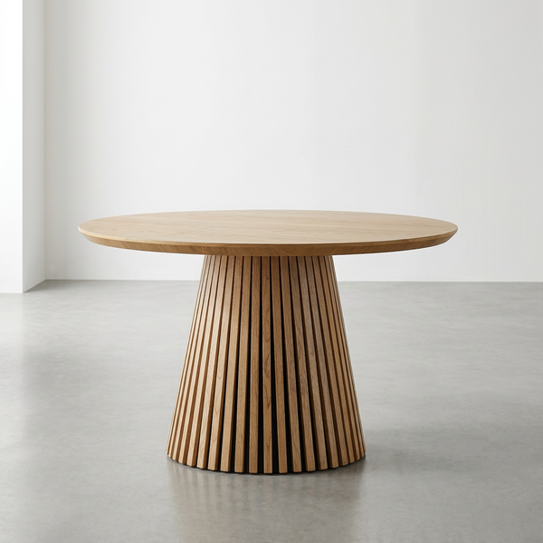 47-Inch Modern Round Dining Table for 4 with natural wood finish and elegant slatted base.