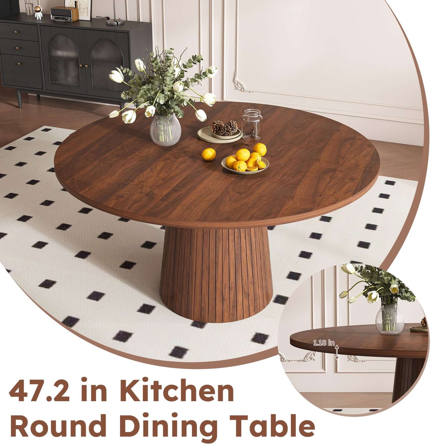 47-Inch Round Walnut Dining Table for 4 – Modern Farmhouse Kitchen Table with Wood Strip Base, elegant design with round top.