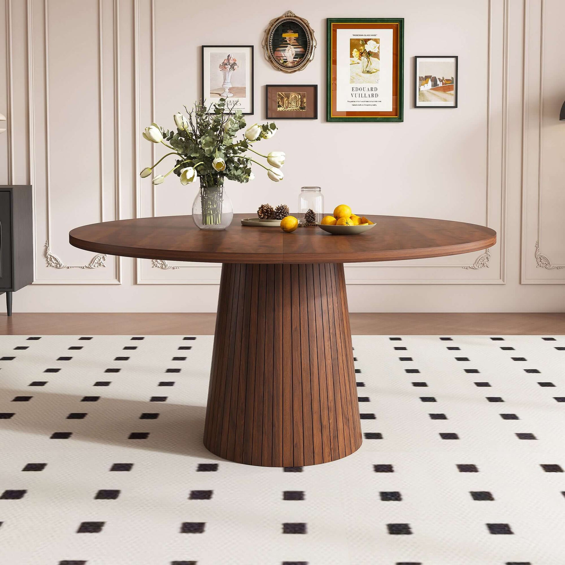 47-Inch Round Walnut Dining Table for 4 – Modern Farmhouse Kitchen Table with Wood Strip Base