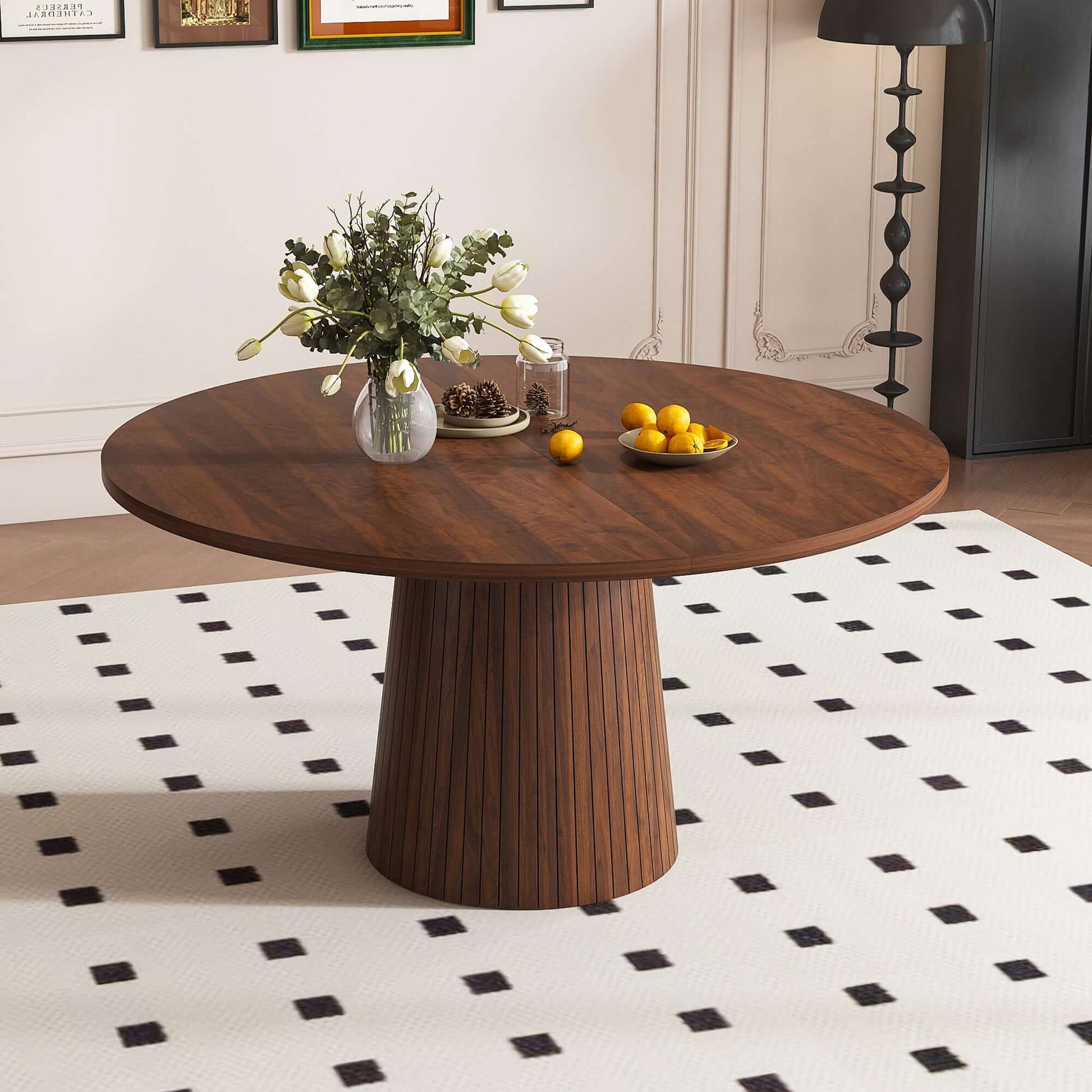 47-Inch Round Walnut Dining Table for 4 – Modern Farmhouse Kitchen Table with Wood Strip Base, featuring floral arrangement and decor.