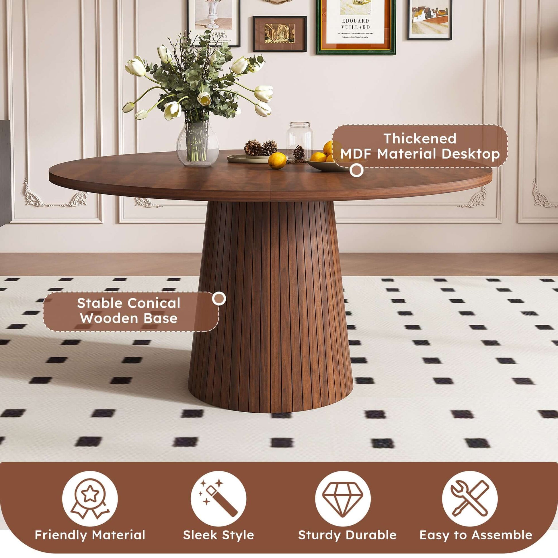 47-Inch Round Walnut Dining Table for 4 – Modern Farmhouse Kitchen Table with Wood Strip Base in elegant interior setting.