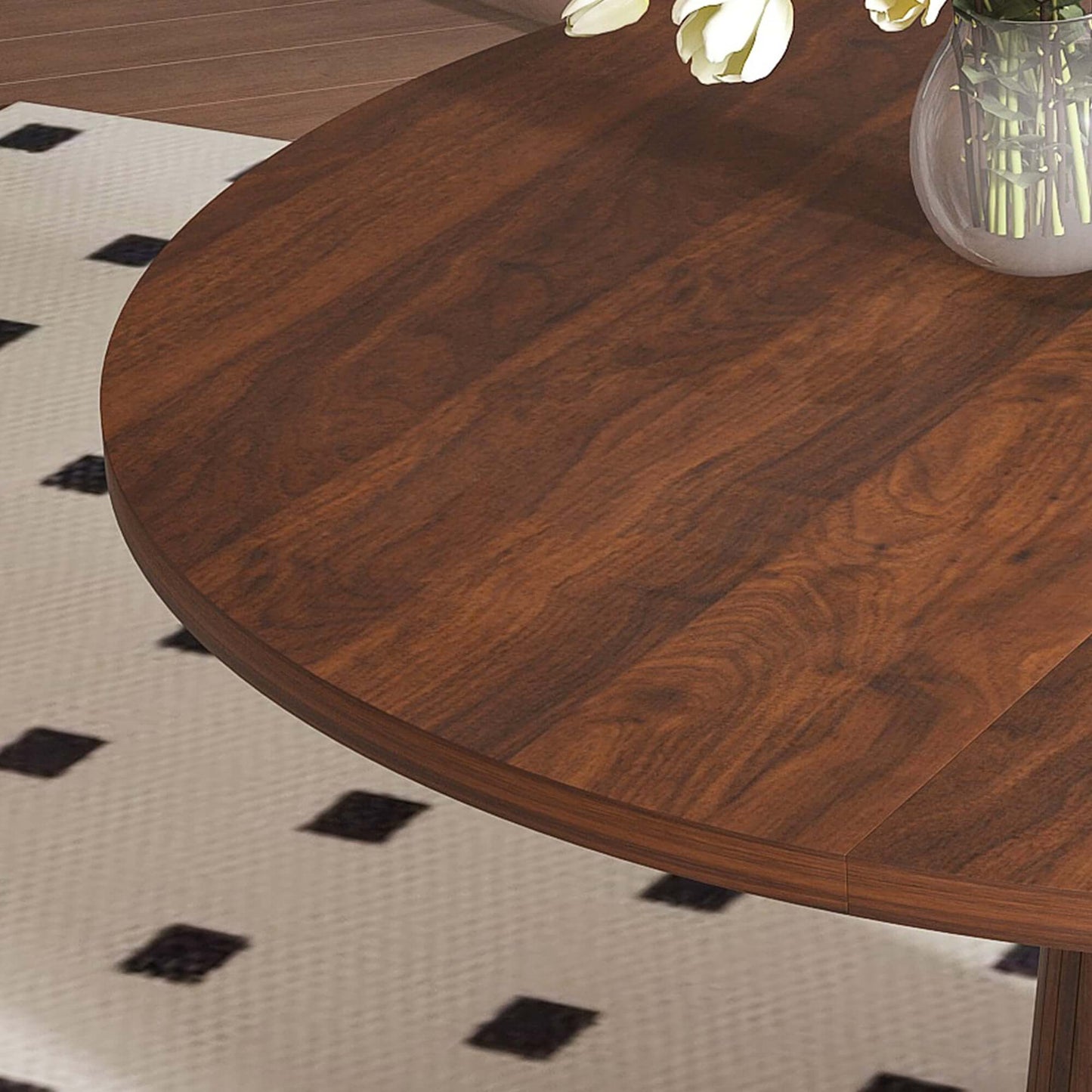 47-Inch Round Walnut Dining Table for 4 – Modern Farmhouse Kitchen Table with Wood Strip Base close-up of tabletop