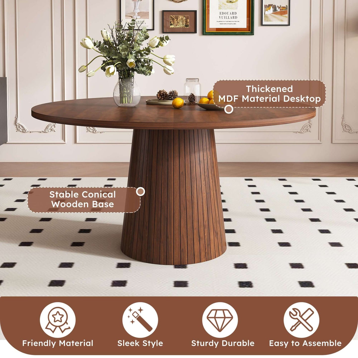 47-Inch Round Walnut Dining Table for 4 – Modern Farmhouse Kitchen Table with Wood Strip Base in elegant interior setting.