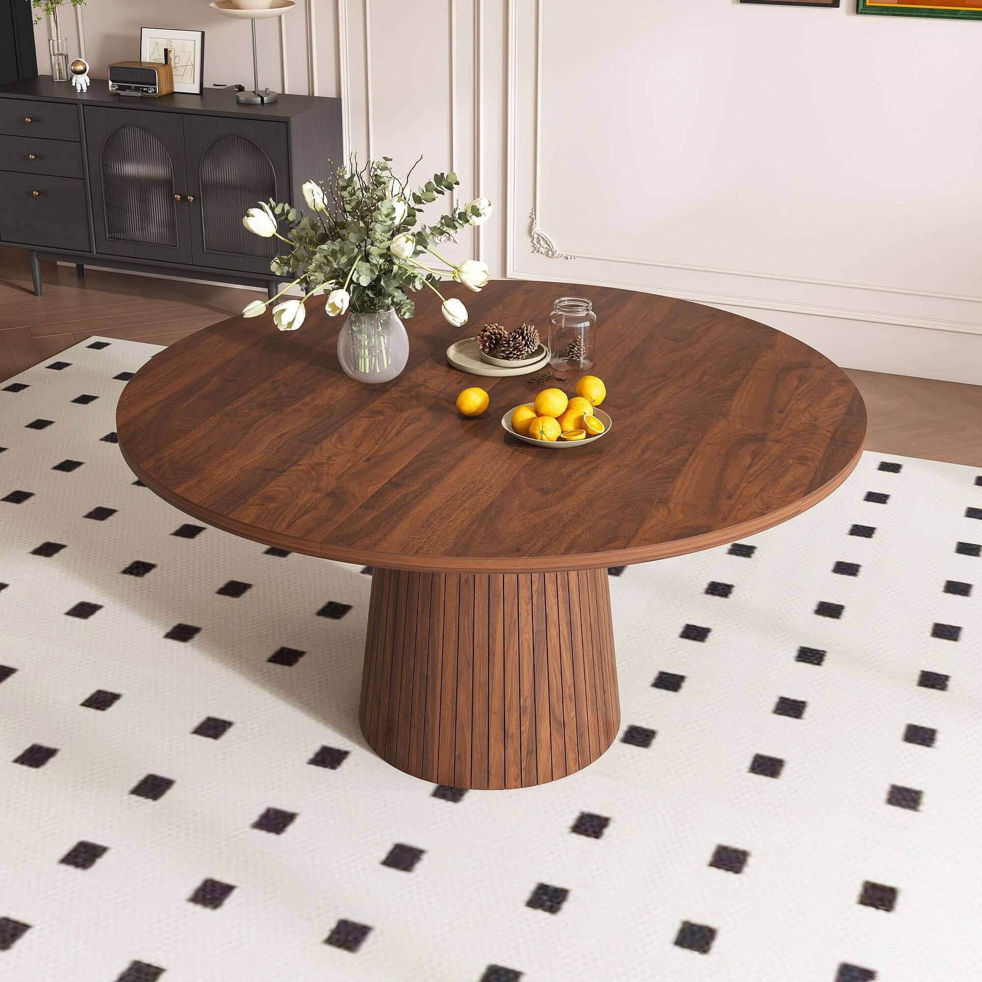 47-Inch Round Walnut Dining Table for 4 – Modern Farmhouse Kitchen Table with Wood Strip Base on a textured rug.