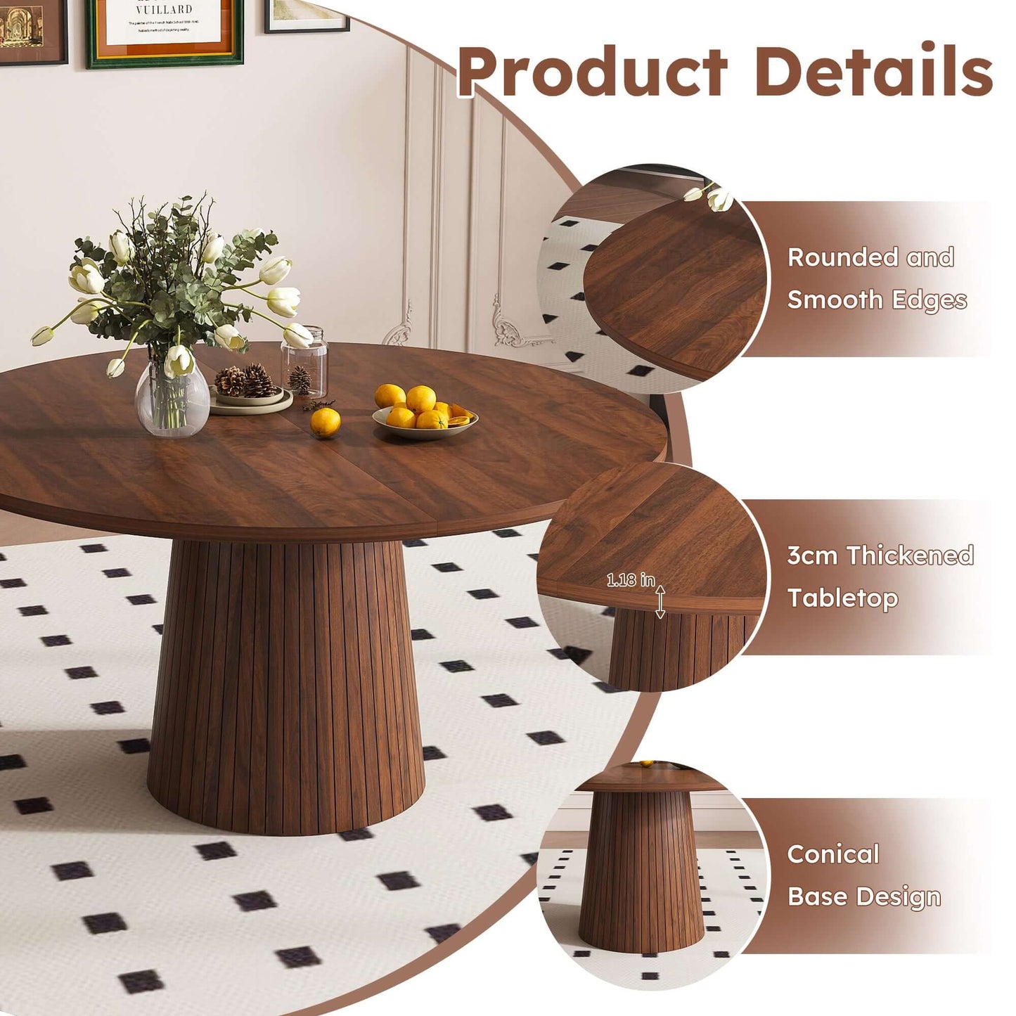 47-Inch Round Walnut Dining Table for 4 – Modern Farmhouse Kitchen Table with Wood Strip Base showcasing product details.