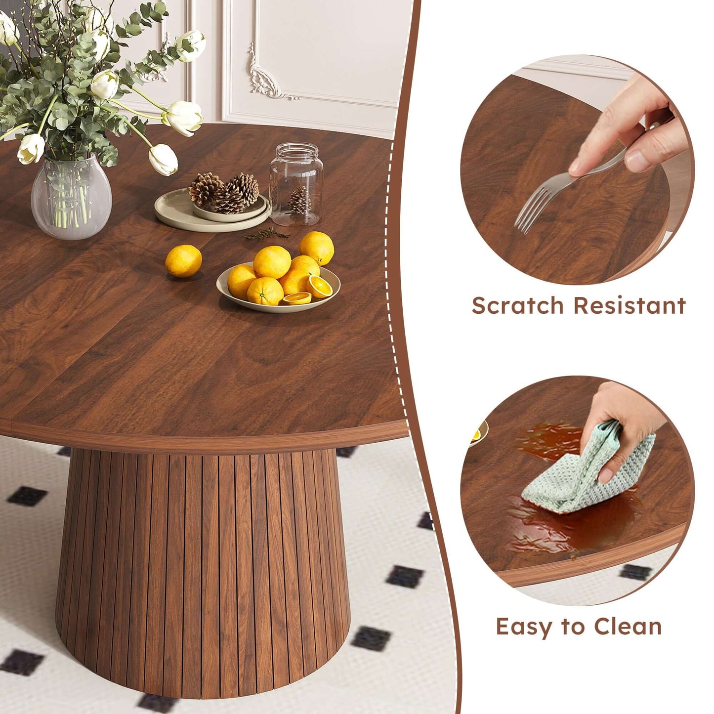 47-Inch Round Walnut Dining Table for 4 – Modern Farmhouse Kitchen Table with Wood Strip Base, showcasing its easy-to-clean and scratch-resistant features.
