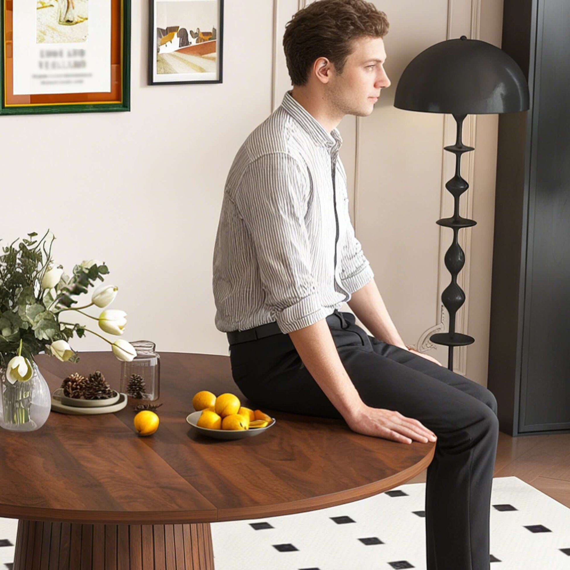 47-Inch Round Walnut Dining Table for 4 – Modern Farmhouse Kitchen Table with Wood Strip Base, man sitting at stylish table.