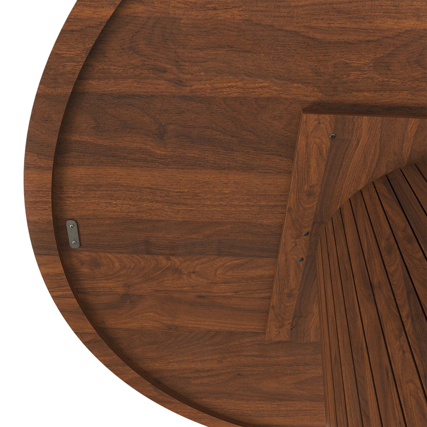 47-Inch Round Walnut Dining Table for 4 – Modern Farmhouse Kitchen Table with Wood Strip Base top view showing rich wood grain.