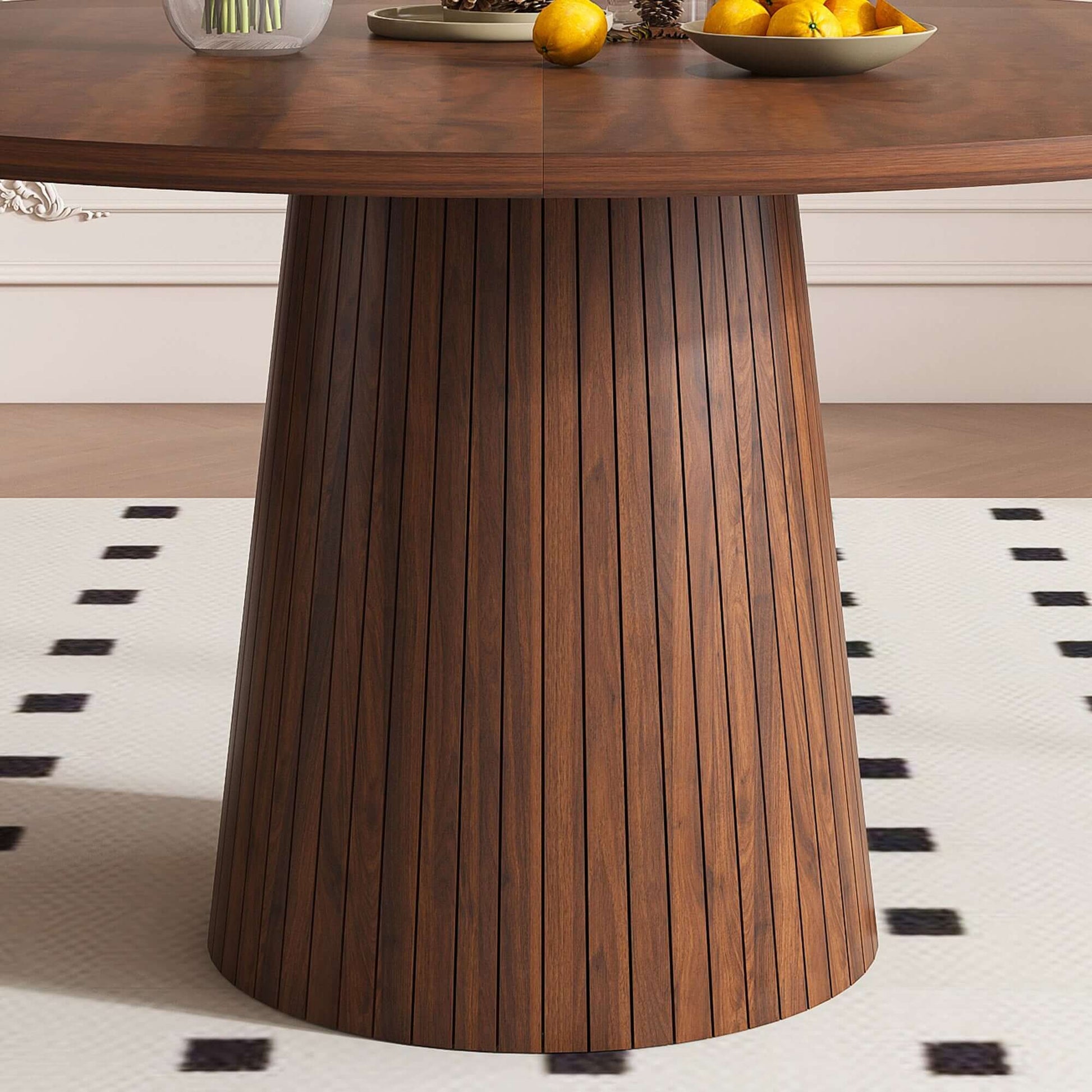 47-Inch Round Walnut Dining Table for 4 – Modern Farmhouse Kitchen Table with Wood Strip Base, showcasing the wood strip pedestal base.